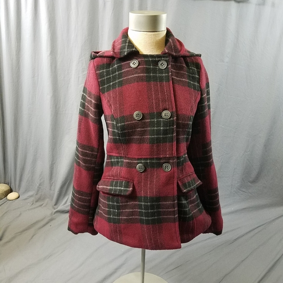 Aeropostale red buffalo check double breasted jacket with hood sz SP dark red - Picture 2 of 12